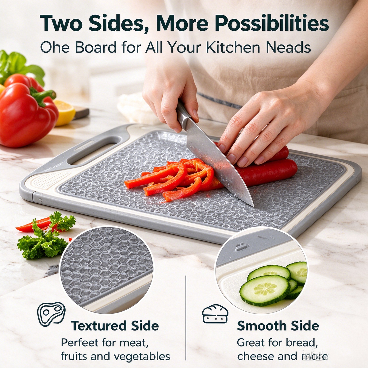 🧺Smart Dual Sided Kitchen Cutting Board | Non-Slip Silicone Edge | Built-in Whetstone &amp; Grinding Area | Juice Groove, Odor &amp; Stain Resistant