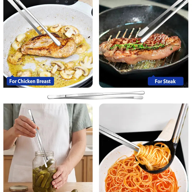 4-Piece Fine Teeth Long Stainless Steel Barbecue Tong Set