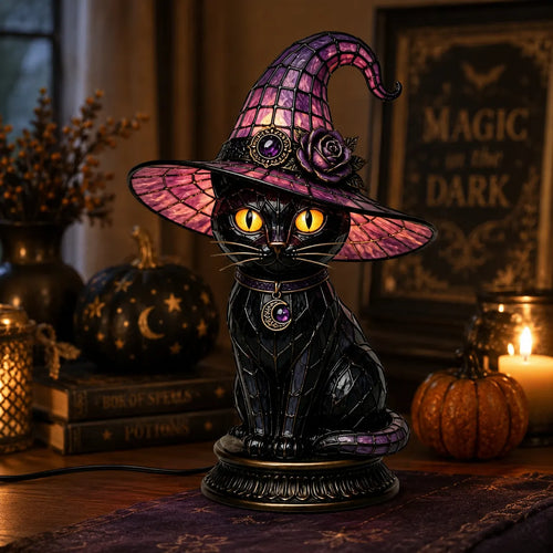 🔥Exclusive Limited Item 👍🔥50%OFF🐈 Gothic Stained Glass Witch Black Cat Table Lamp | Halloween Witch Hat Night Light Decor