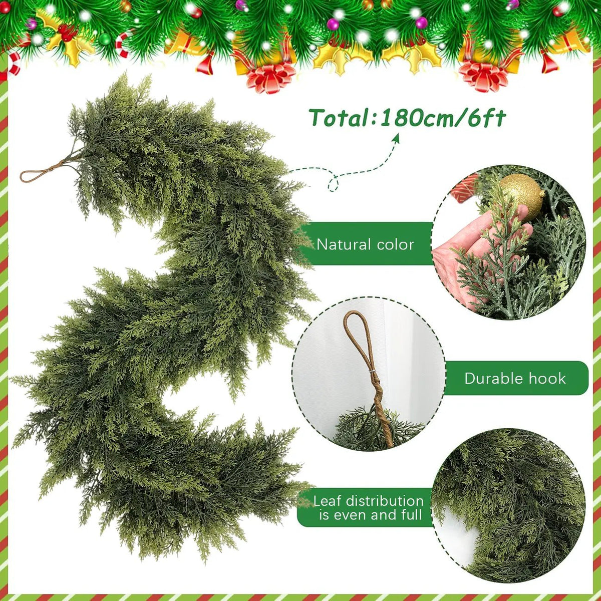 🎄 2-Pack 6ft Real Touch Artificial Cedar Garland | Lifelike Winter Pine Greenery for Christmas Mantle, Table & Wall Decor