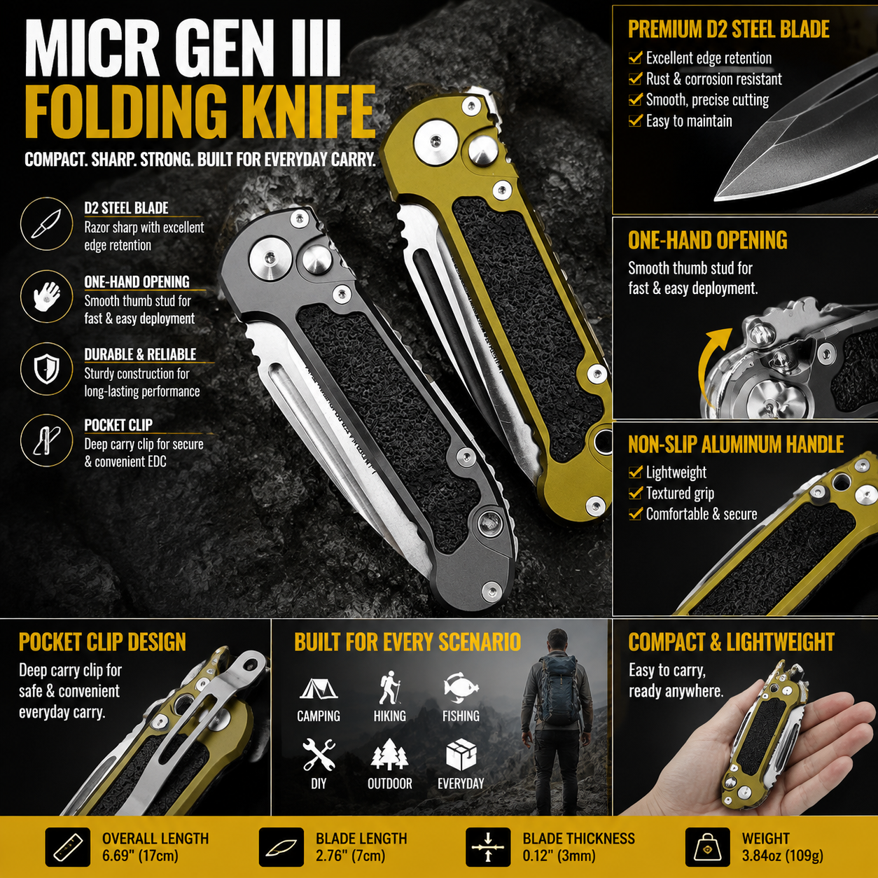 🏕️MICR Gen III Folding Knife 🔪 D2 Steel Camp Tool