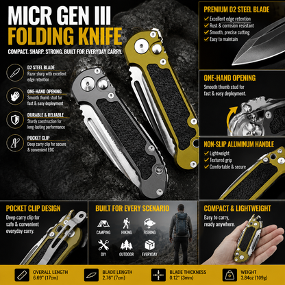 🏕️MICR Gen III Folding Knife 🔪 D2 Steel Camp Tool