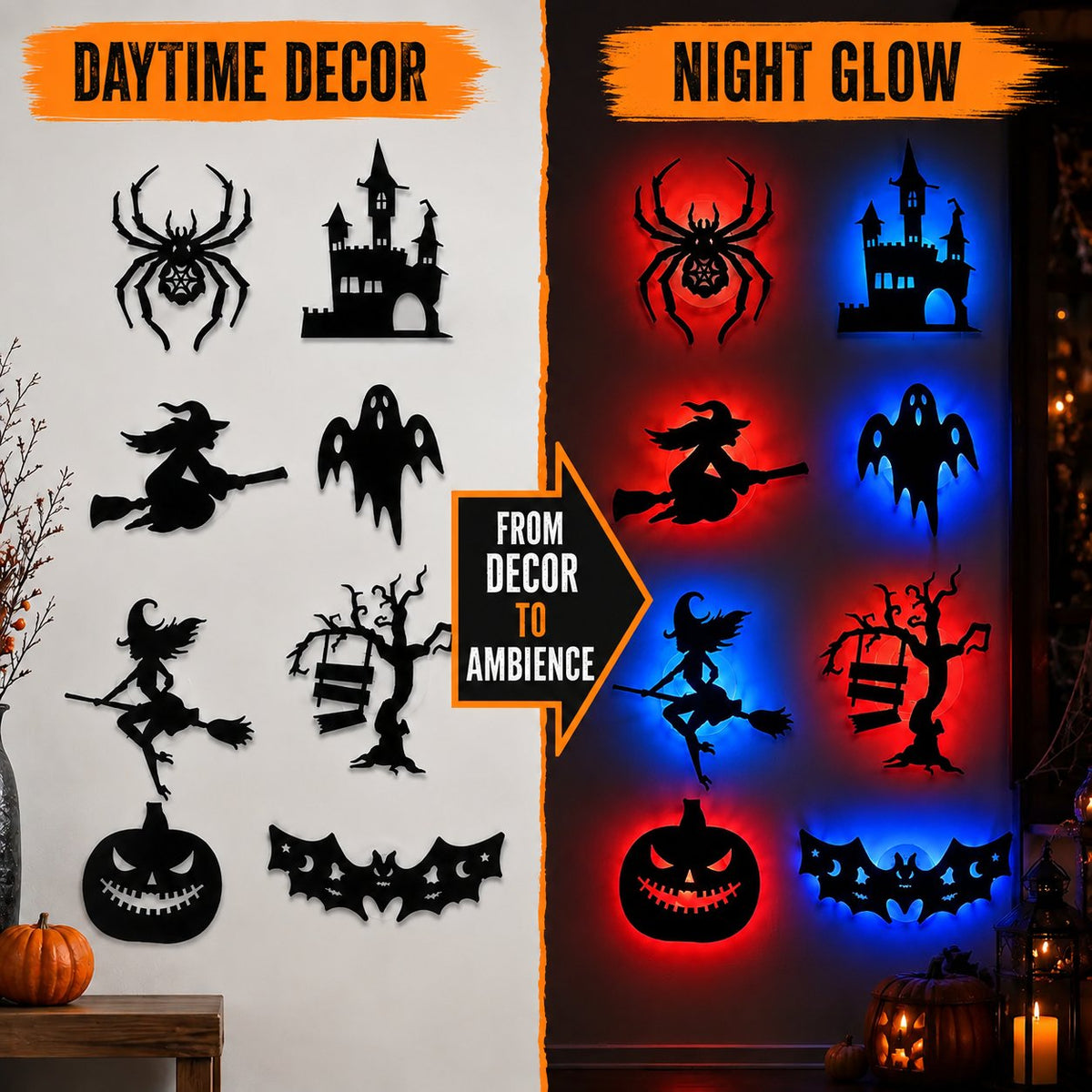 🔥Last Day 50% OFF - 🎃8 Pack Halloween LED Silhouette Wall Light Stickers, Battery Powered Peel & Stick Decor Lights
