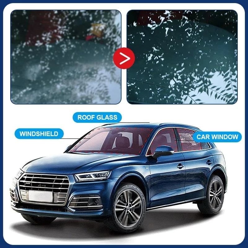 Before and after glass cleaning comparison with vehicle windshield roof glass and car windows