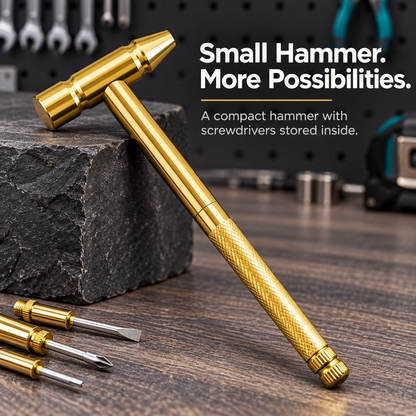 ✨ Golden Portable Multi-Tool Hammer with Nested Screwdriver Bits, Knurled Non-Slip Grip Mini Repair Hand Tool