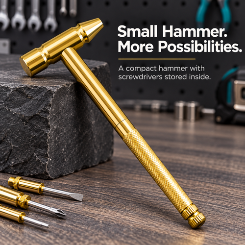 ✨ Golden Portable Multi-Tool Hammer with Nested Screwdriver Bits, Knurled Non-Slip Grip Mini Repair Hand Tool
