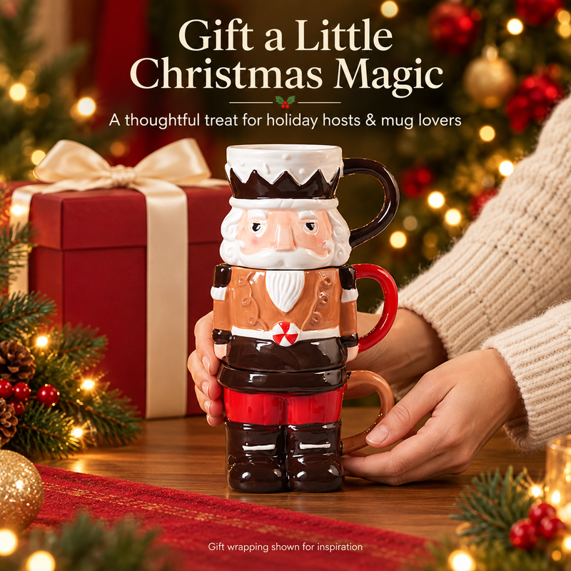 Christmas nutcracker mug set presented beside a wrapped holiday gift