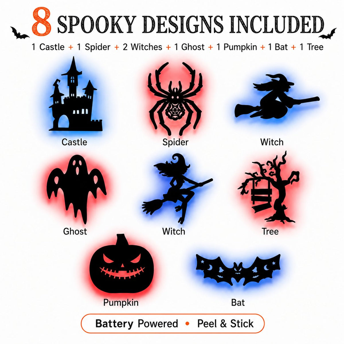 🔥Last Day 50% OFF - 🎃8 Pack Halloween LED Silhouette Wall Light Stickers, Battery Powered Peel & Stick Decor Lights