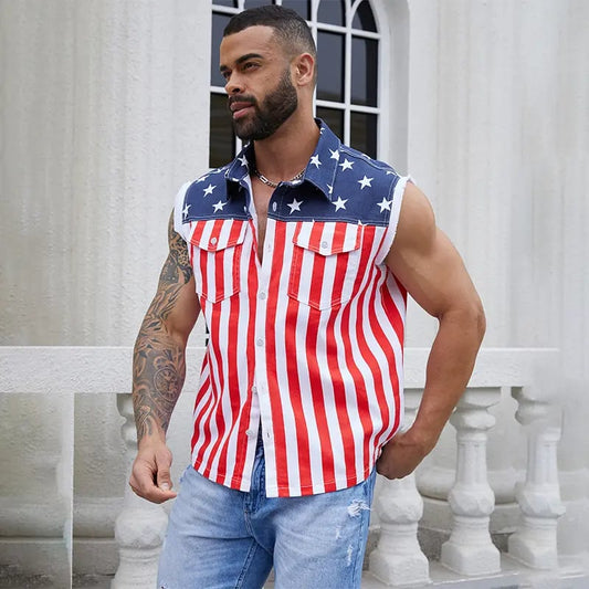 ⚡Hot Sales 49% OFF🔥Men's American Flag Denim Vest - 4th of July Patriotic Casual Sleeveless Jacket
