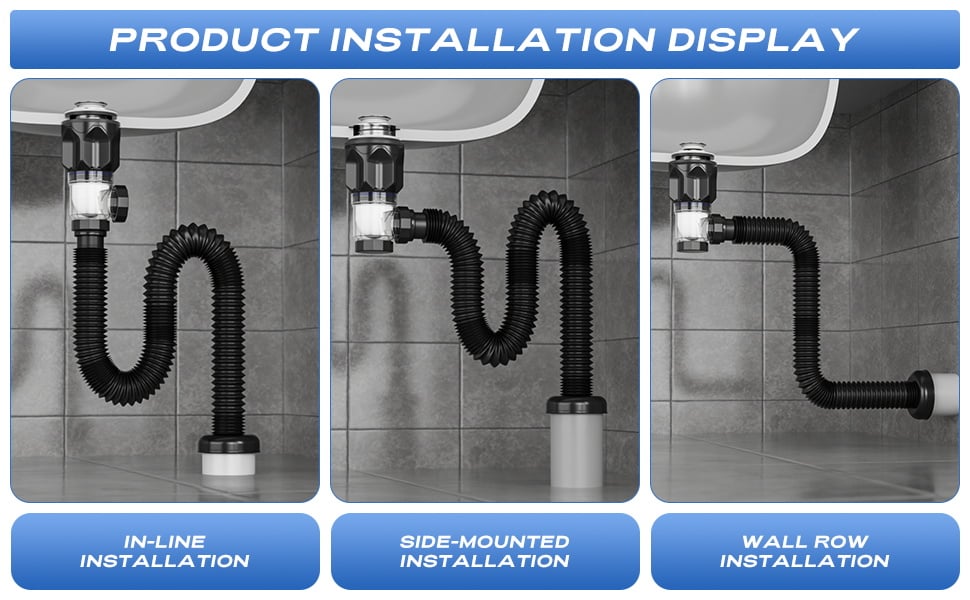Three flexible P-trap sink drain installation options