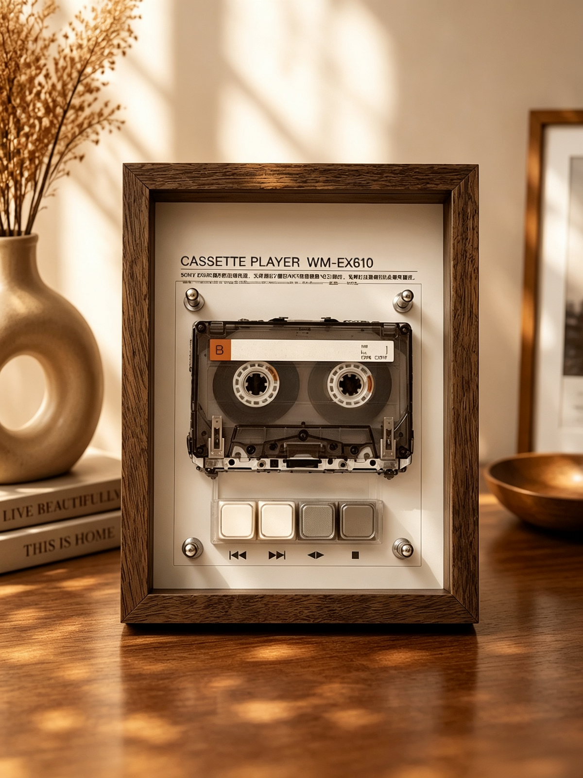 Vintage Cassette Player Frame with Functional Tape Playback & Retro Wall Art Design