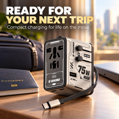 ⚡ 75W MAX All-in-One Travel Adapter – 5-Port Charging Hub with Built-In USB-C Cable 🌍🔌