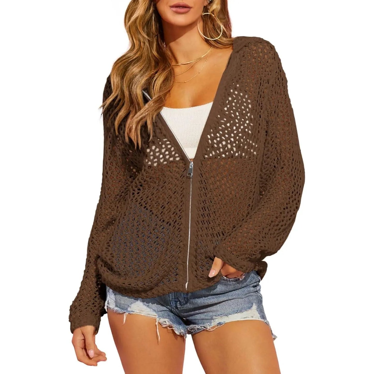 Women's Crochet Lightweight Cardigan Zip Up