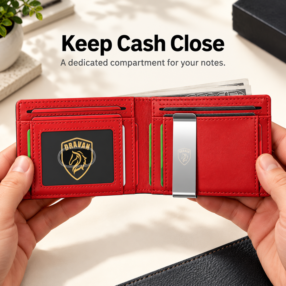 Open wallet holding cash in a dedicated bill compartment