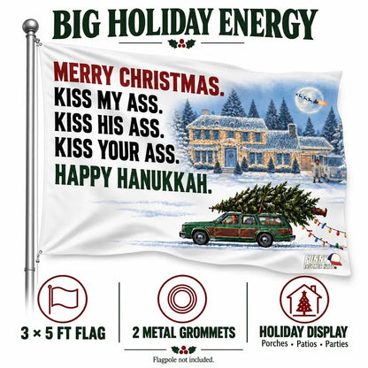 Funny Christmas Flag 3x5 FT – Merry Christmas Happy Hanukkah Holiday Quote Banner, Single-Sided with Metal Grommets, Snowy House RV Station Wagon Design, Xmas Porch Yard Garage Wall Decor, Holiday Party Decoration, Funny Gift for Adults, Winter Decor