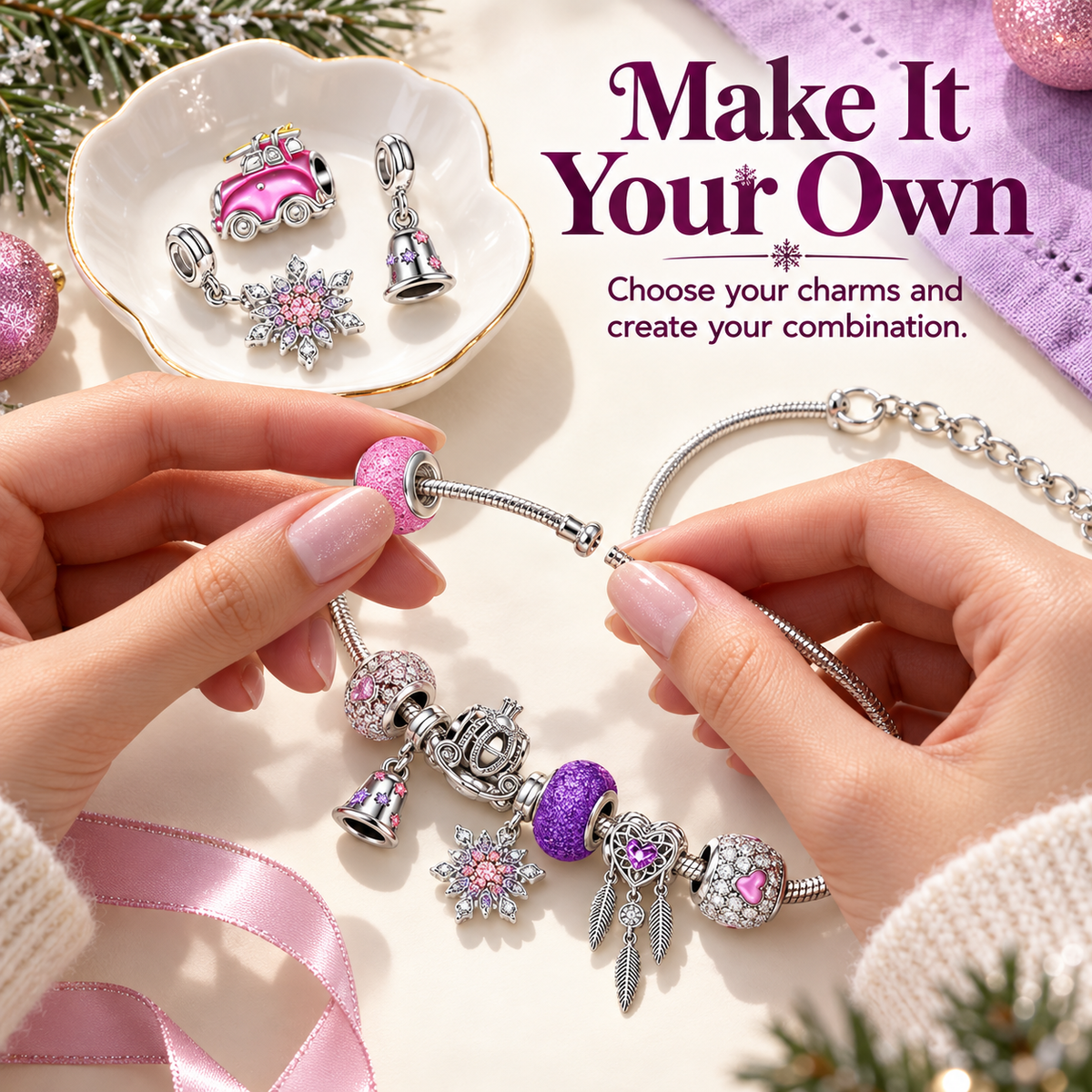 Hands assembling a charm bracelet with pink and purple decorative beads