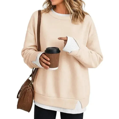 Women Crew Neck Fake Two Piece Striped Patchwork Drop Shoulder Oversized Sweatshirt