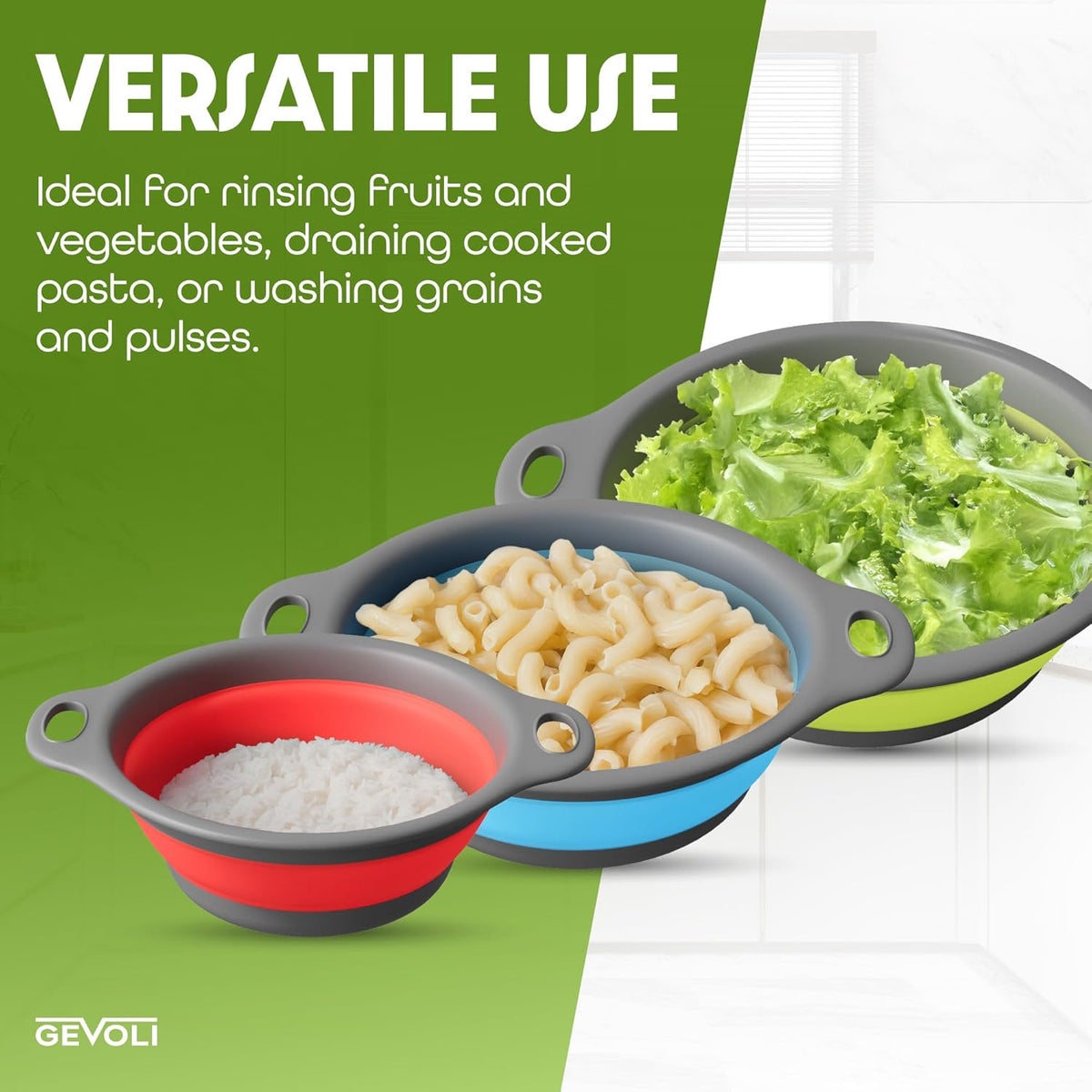 Collapsible Colanders 3-Pack Sturdy Kitchen Strainer Set, Compact with Over-Sink Self-Drainage Base