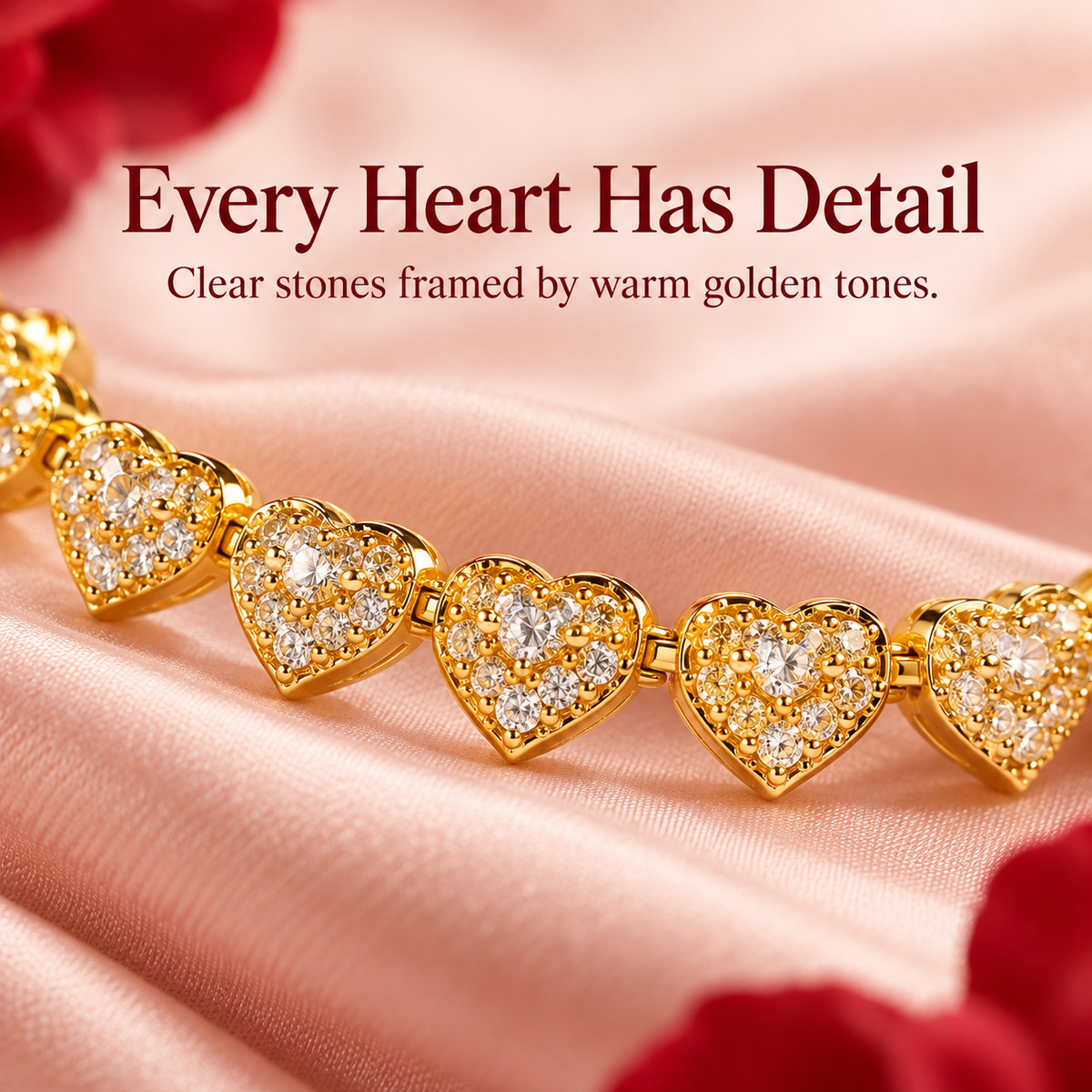Close-up of heart-shaped cubic zirconia stones framed in a gold-tone setting