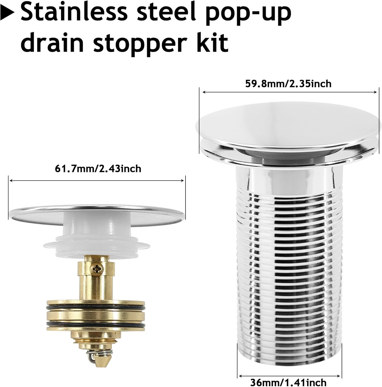 Stainless steel pop-up sink drain stopper kit with dimensions