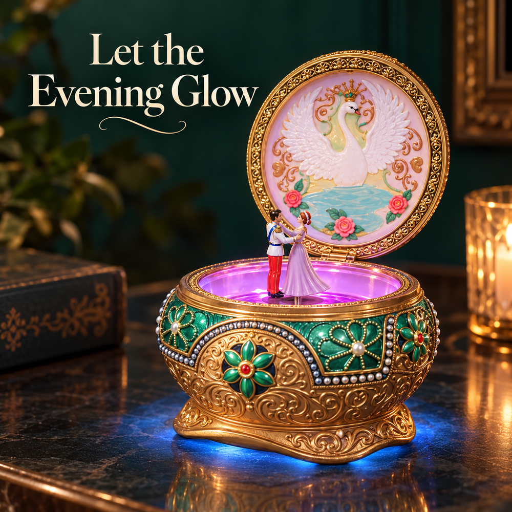 Illuminated swan lake music box glowing with colorful LED lighting