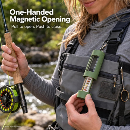 🎣Clip-On Fly Fishing Box – Magnetic One-Handed Fly Storage Case, Holds Up to 40 Flies