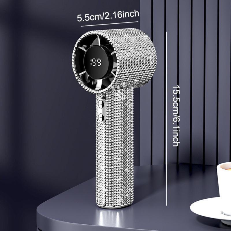 💎 Full Diamond Handheld Fan | Digital Display & Adjustable Speed