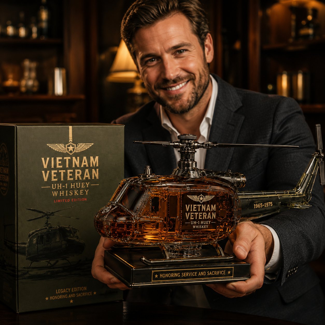 UH-1 Huey Helicopter Veteran Whiskey Decanter – Premium Vietnam Service Memorial Collectible