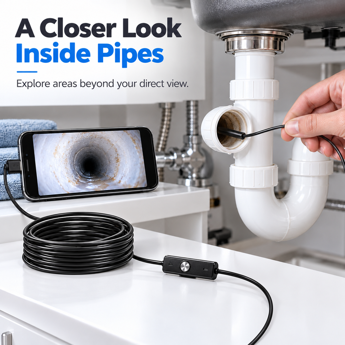 Endoscope camera used to inspect the inside of a sink drain pipe