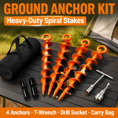 Heavy Duty Spiral Blade Ground Anchor Kit, 4-Pack 15-Inch Solid Steel Stakes for Tents, Carport, Garden Sheds, Multi-Purpose Full Spiral Blade Design, Easy Installation, High Load Bearing, Deep Soil Grip, Anti-Loosen