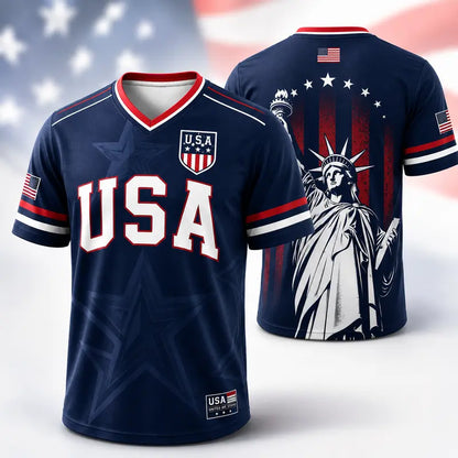 🇺🇸 USA Patriotic Soccer Jersey | American Flag & Statue of Liberty V-Neck Sports Tee 🗽⚽