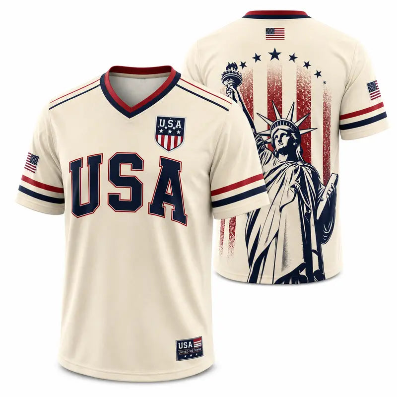 🇺🇸 USA Patriotic Soccer Jersey | American Flag & Statue of Liberty V-Neck Sports Tee 🗽⚽