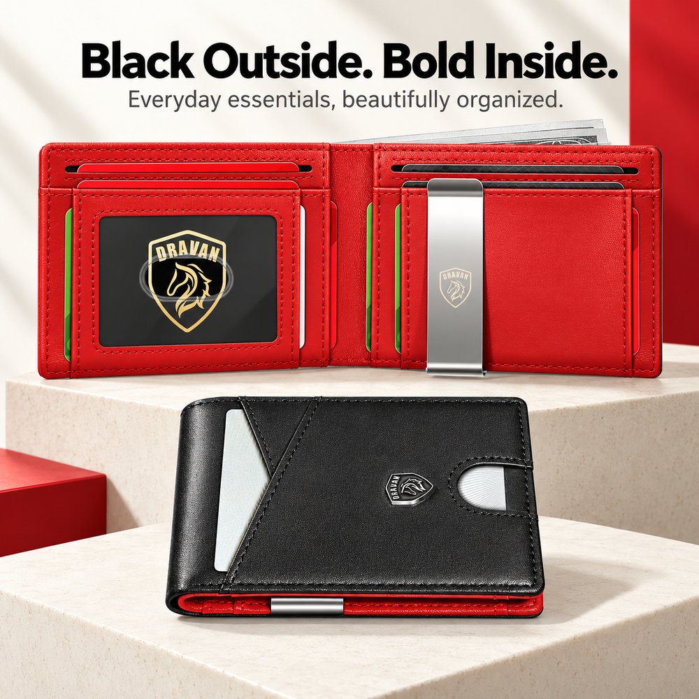 Men's black leather wallet with contrasting red interior and card storage