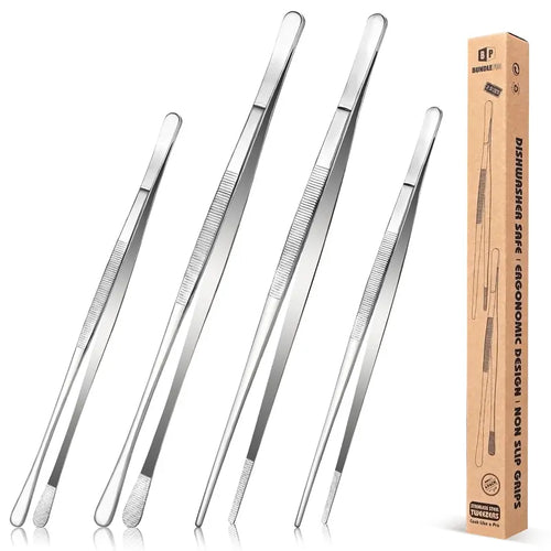 4-Piece Fine Teeth Long Stainless Steel Barbecue Tong Set
