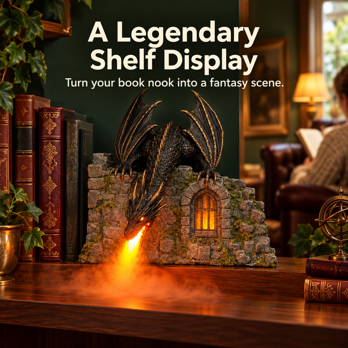Fantasy dragon book nook with glowing castle window, orange mist effect, and dark sculpted dragon