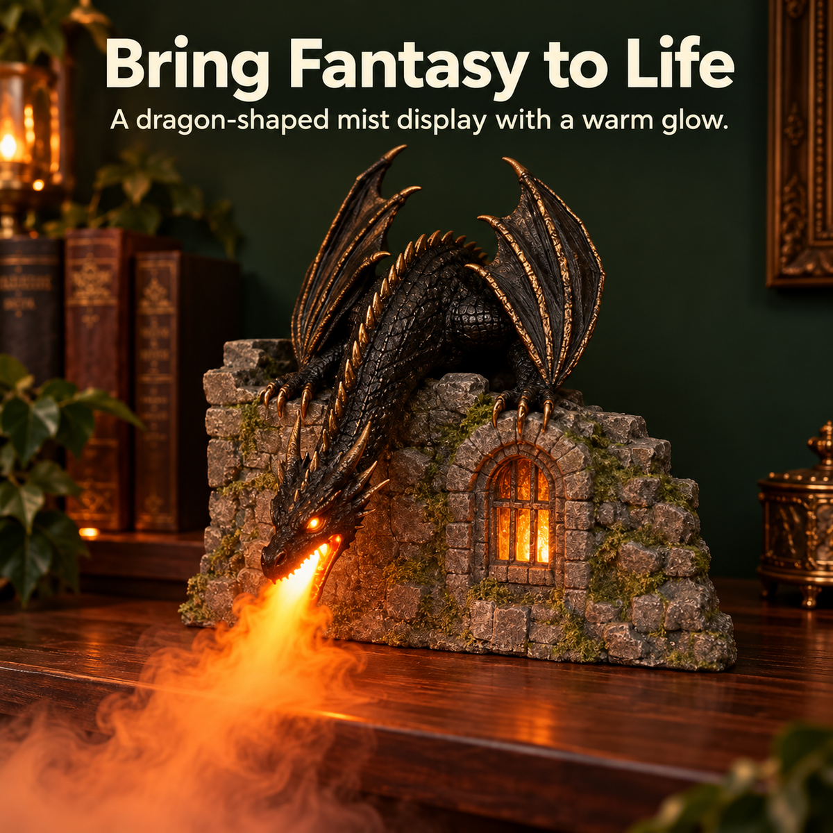 Dragon perched over a fantasy castle with glowing orange light and flowing mist