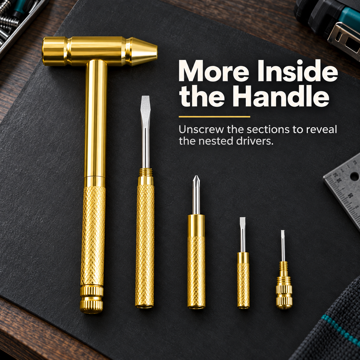 Nested screwdriver bits removed from the handle of the golden hammer