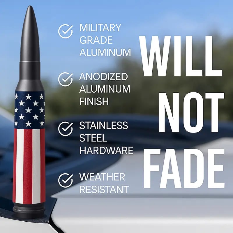 ⚡Hot Sales 49% OFF🔥50 Cal Badass Bullet Antenna for Ford Dodge GMC Chevy & Jeep 2007+ Stand Out Upgrade Your Truck Antenna Anti-Theft Design Military-Grade Quality Auxiliary Audio Inputs