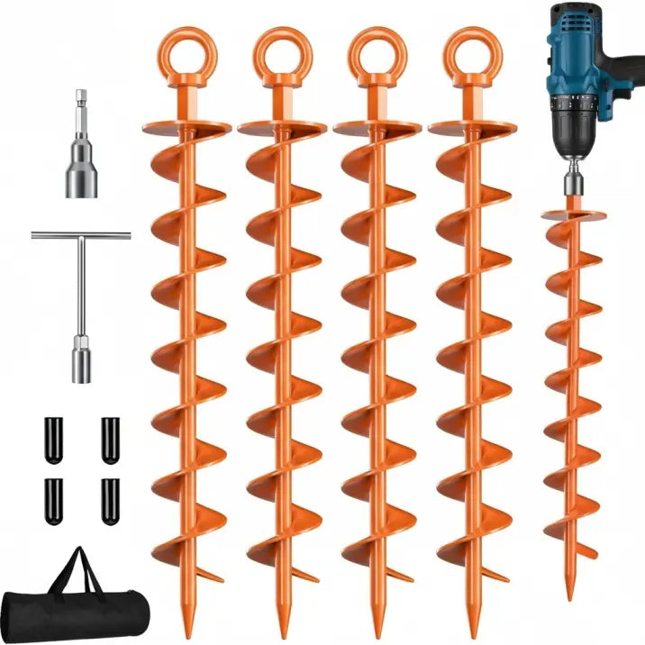 Heavy Duty Spiral Blade Ground Anchor Kit, 4-Pack 15-Inch Solid Steel Stakes for Tents, Carport, Garden Sheds, Multi-Purpose Full Spiral Blade Design, Easy Installation, High Load Bearing, Deep Soil Grip, Anti-Loosen
