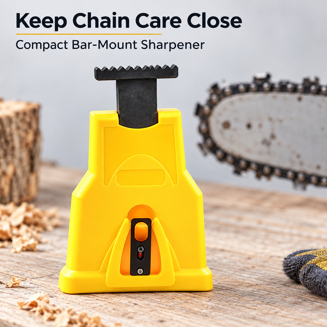 Compact yellow chainsaw sharpener with bar-mount design
