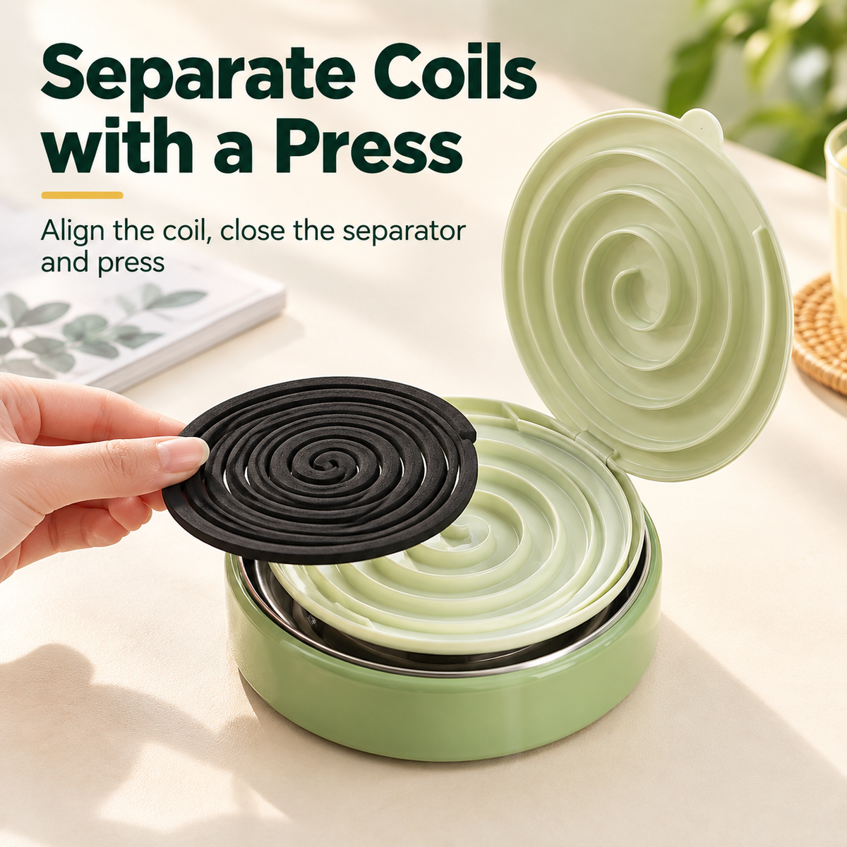 Mosquito coil holder with lid opened and coil separator shown in use