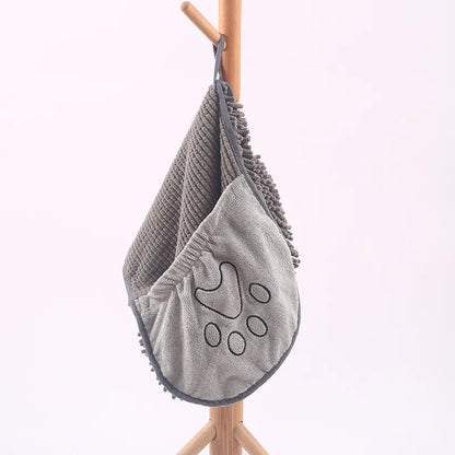 Gray dog drying glove hanging by its built-in storage loop