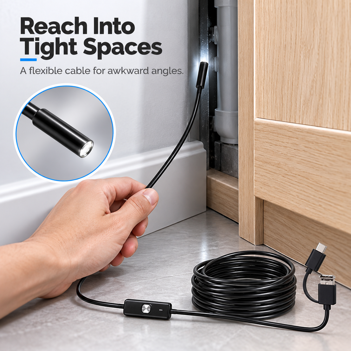 Flexible endoscope cable reaching into a narrow space