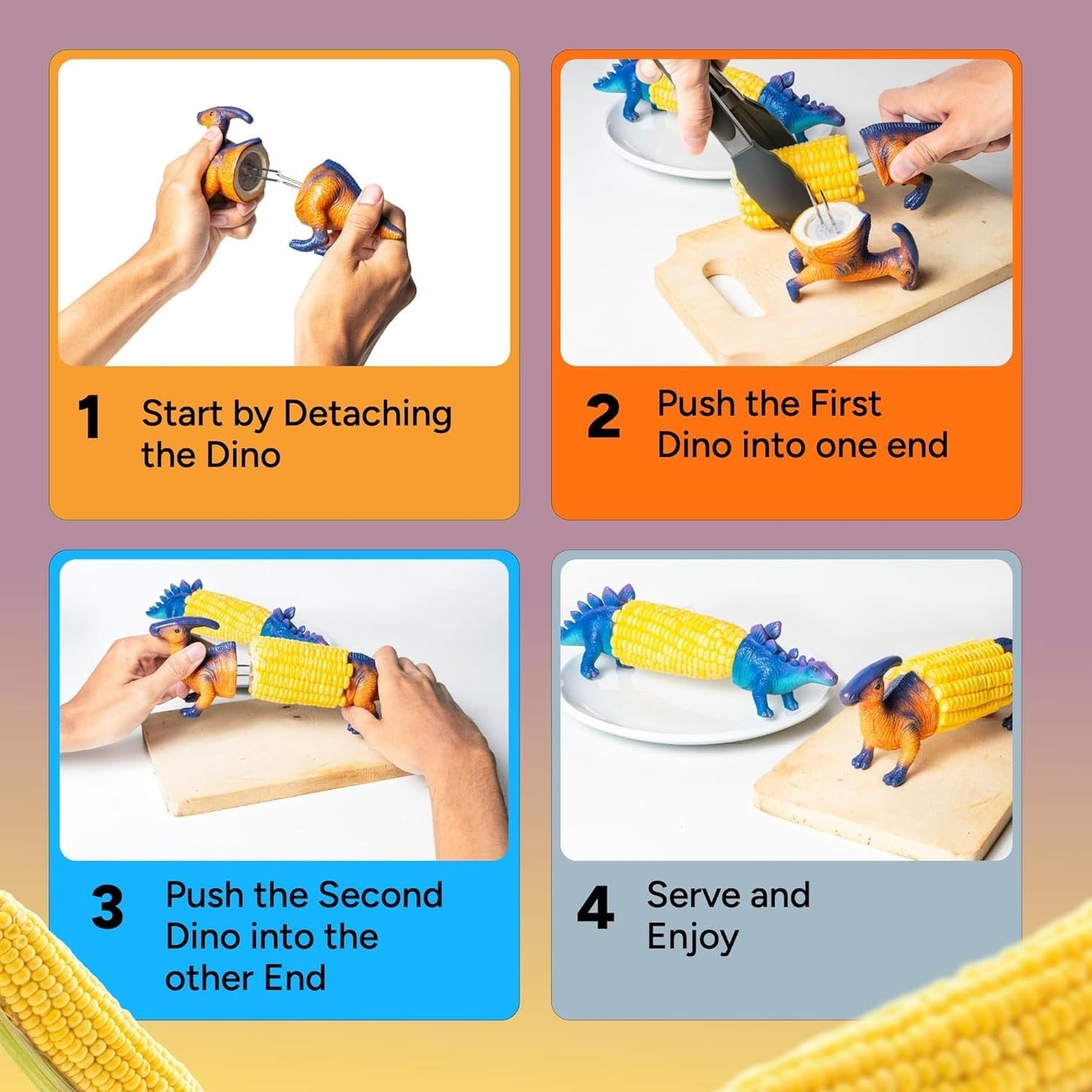 🦖🌽Dinosaur Corn Holders for Corn On The Cob - Funny Corn Cob Holder for Kids and Adults with Stainless Steel Prongs