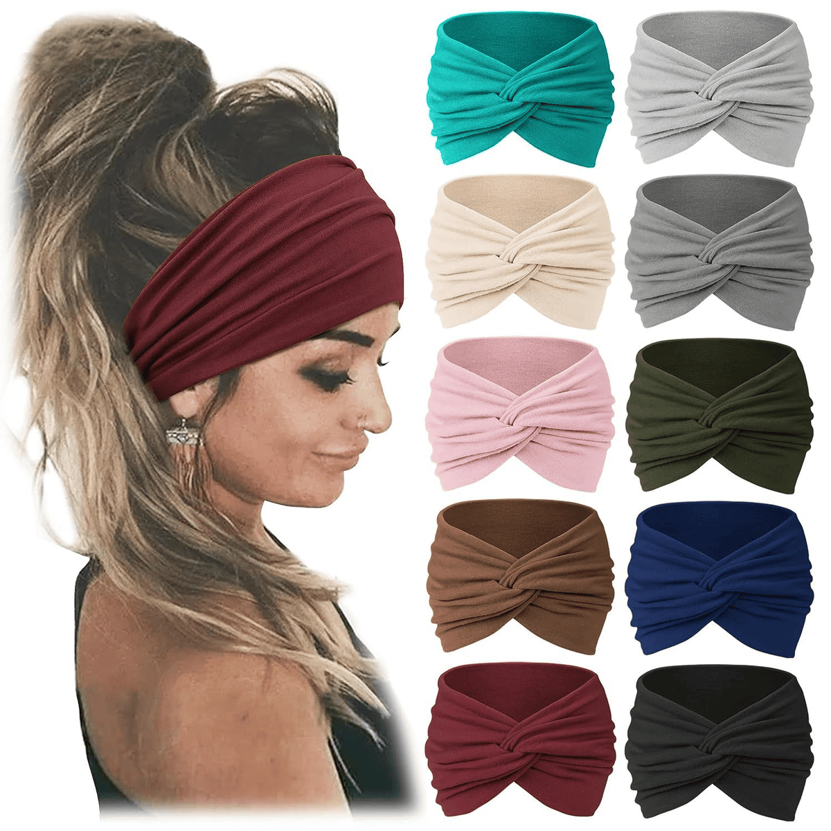 10 Pack Wide Knotted Turban Headbands for Women