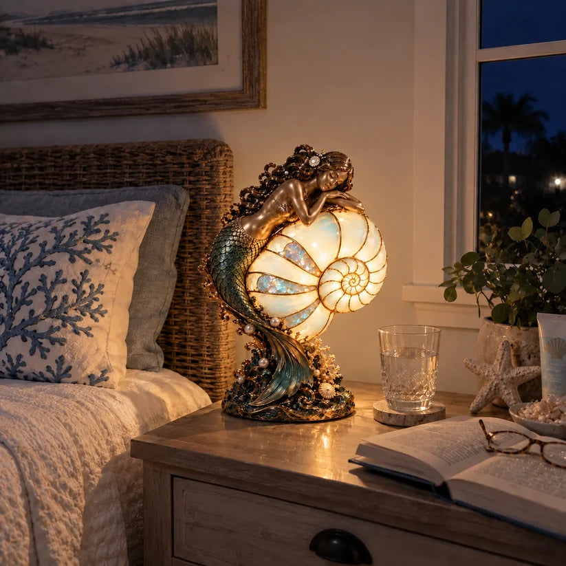 Warmly lit mermaid nautilus lamp on a coastal bedroom nightstand