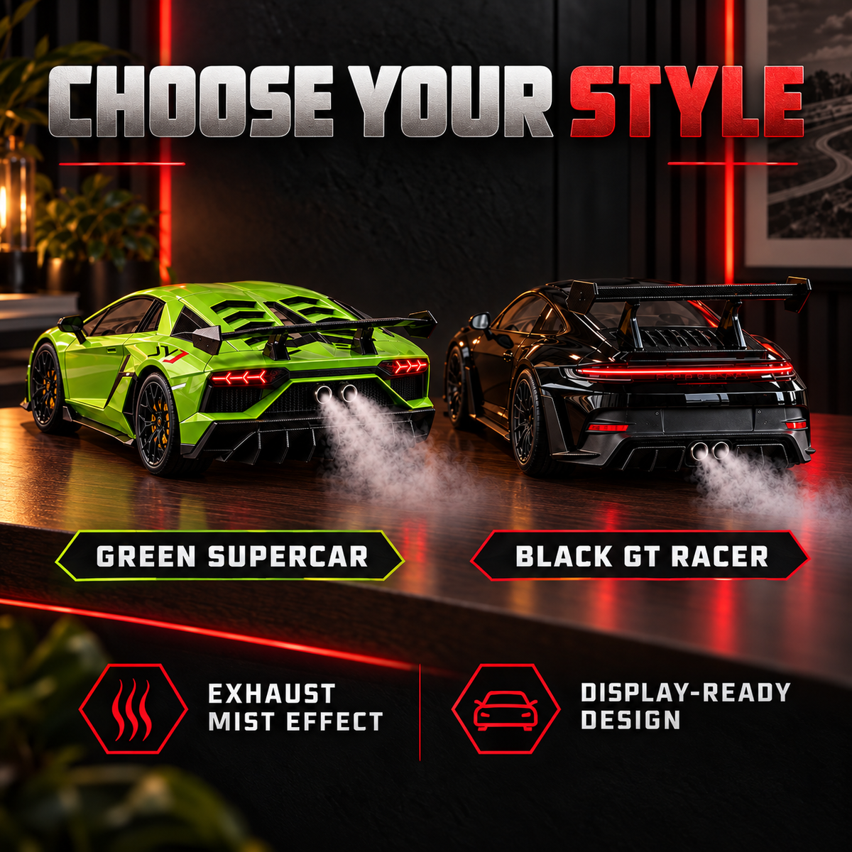 🏎️💨 Track-Inspired Sports Car Display Model – Exhaust Mist Effect Collector Decor