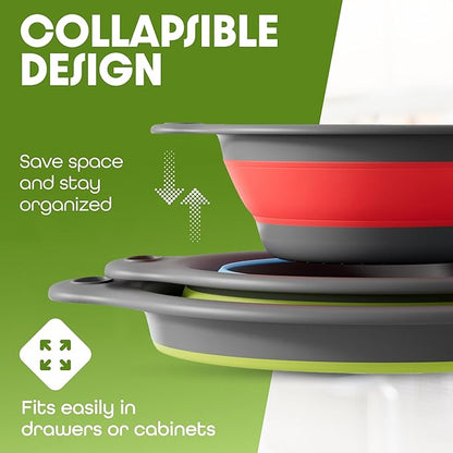 Collapsible Colanders 3-Pack Sturdy Kitchen Strainer Set, Compact with Over-Sink Self-Drainage Base
