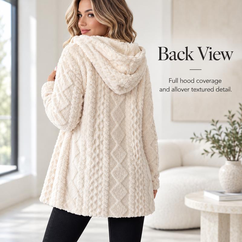 Back view plush hooded cardigan