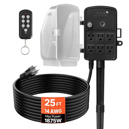 Outdoor Power Stake with 25FT Extension Cord – Weatherproof Outlet Strip with Protective Cover – Remote Control & Dusk to Dawn Light Timer for Christmas Lights 🏡✨